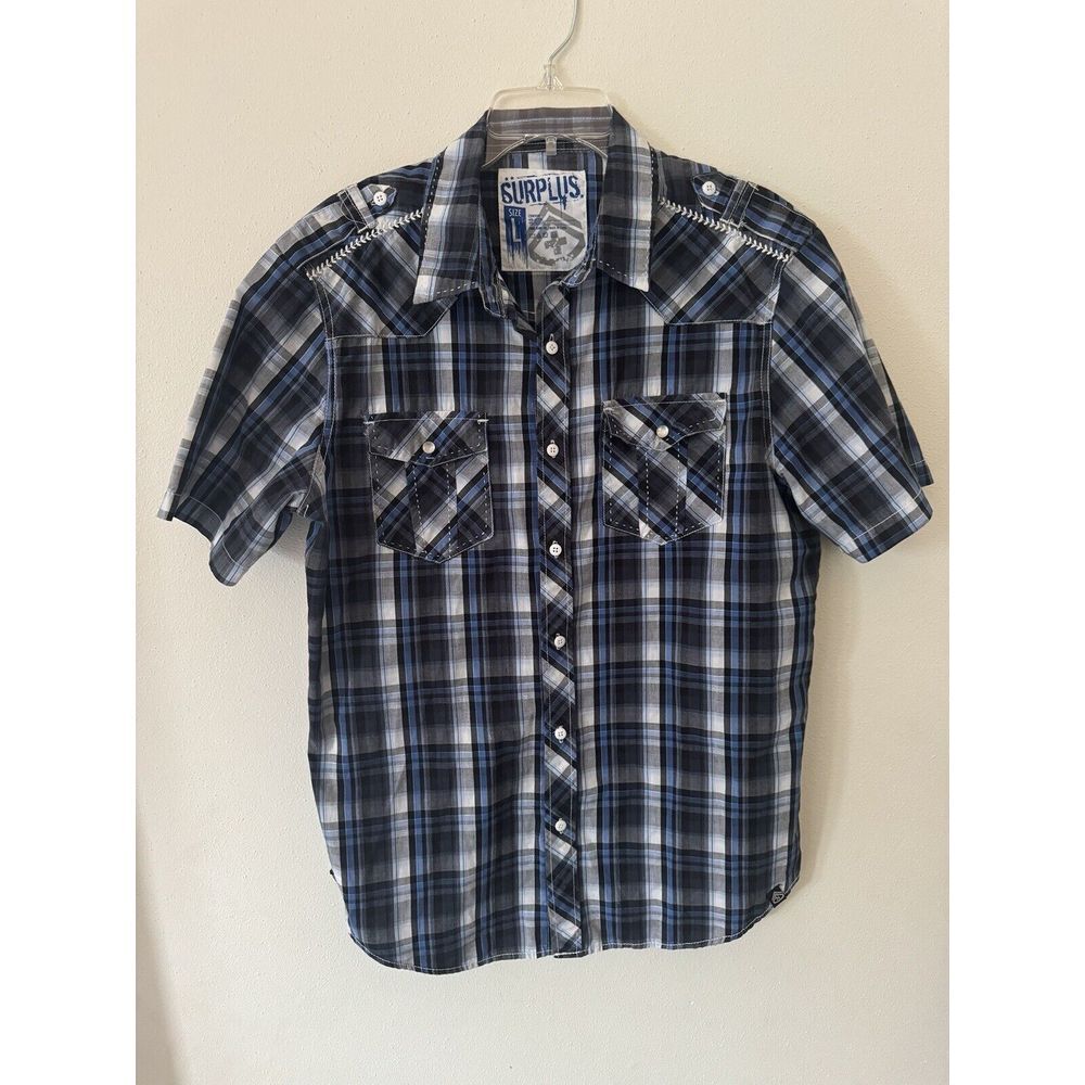 Surplus Shirt Mens Large Button Up Short Sleeve Blue‎ Black Plaid Snap Pockets